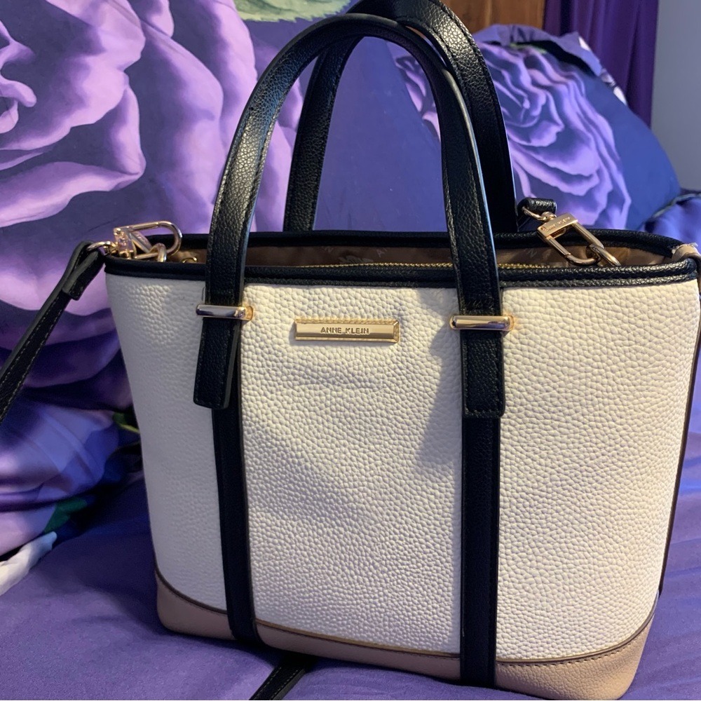 Anne Klein Black and White Satchel with taupe color on bottom